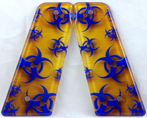 Gold Plate Bio Hazard Blue featured on Smart Parts Paintball Grips