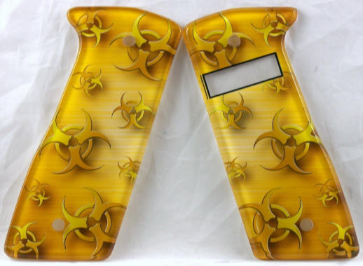 Gold Plate Bio Hazard Gold featured on DP G3/G4 SE/FX Paintball Marker Grips Rampage OLED Window