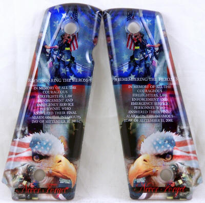 Never Forget 9/11 featured on 1911 Fullsize Left Side Safety Pistol Grips