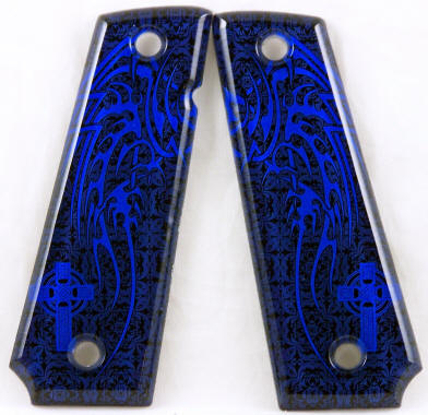 Angelic Tribal Wings Blue featured on 1911 Fullsize Ambi Safety Lever both sidesdextrous Pistol Grips