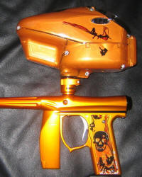 Scroll Skull Orange SPD Paintball Grips and Hopper